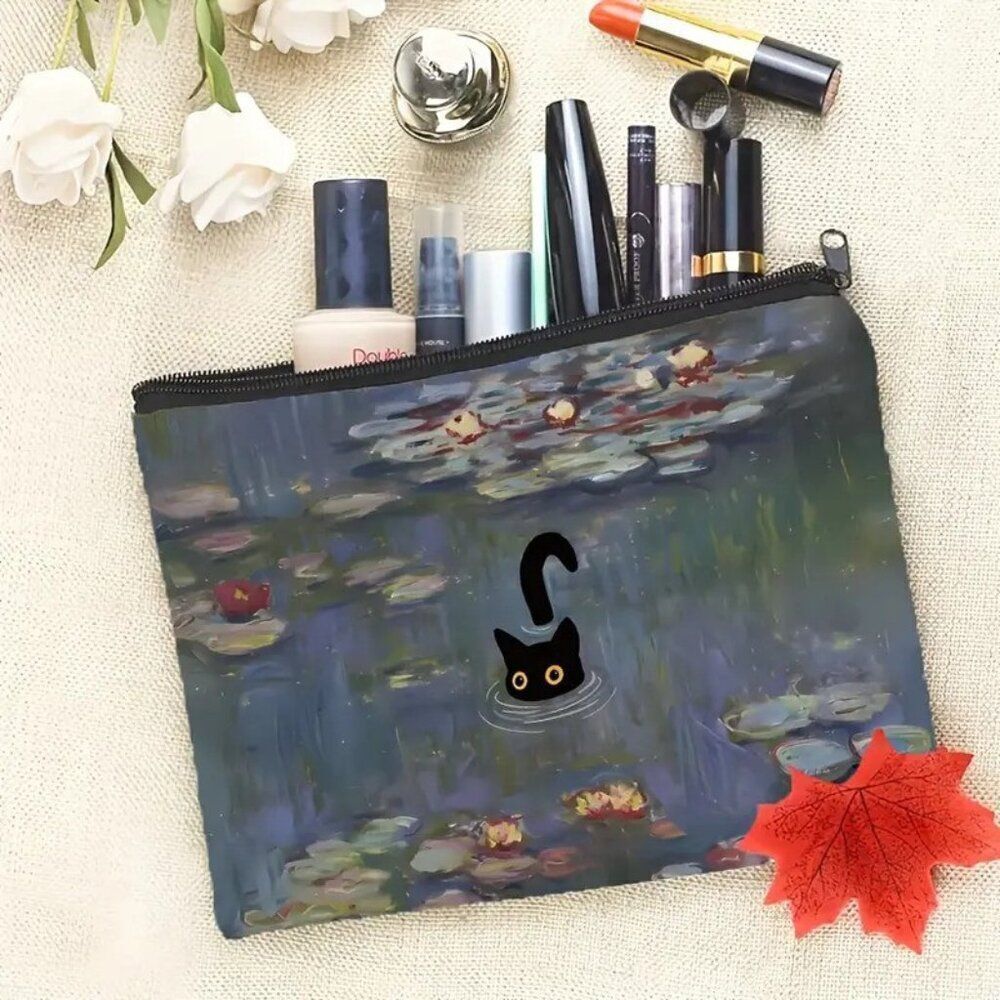 Halloween Gothic Black Cat Monet-Inspired Makeup Bag - Double-Sided Printed